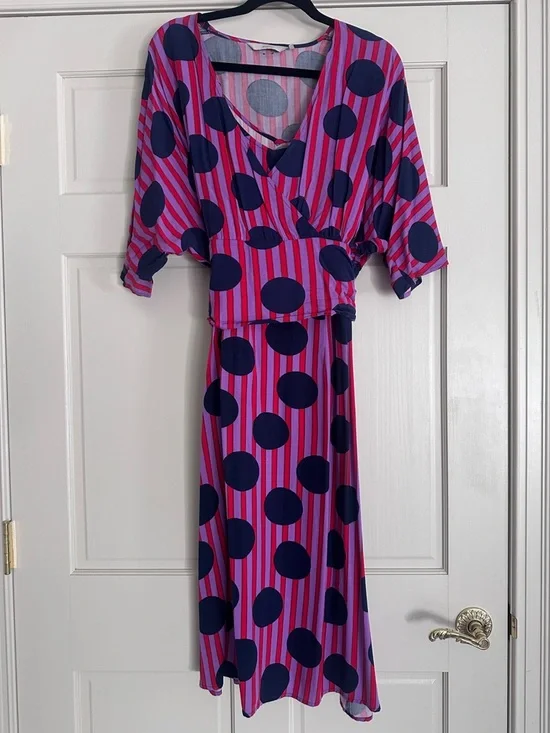 Pink Navy Polka Dot Wrap Midi Dress 3 in 1 Convertible Flowy Chic - Picture 5 of 12
